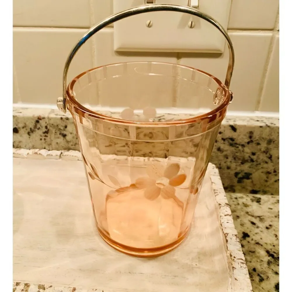 Vintage depression art deco pink etched floral glass ICE BUCKET with handle